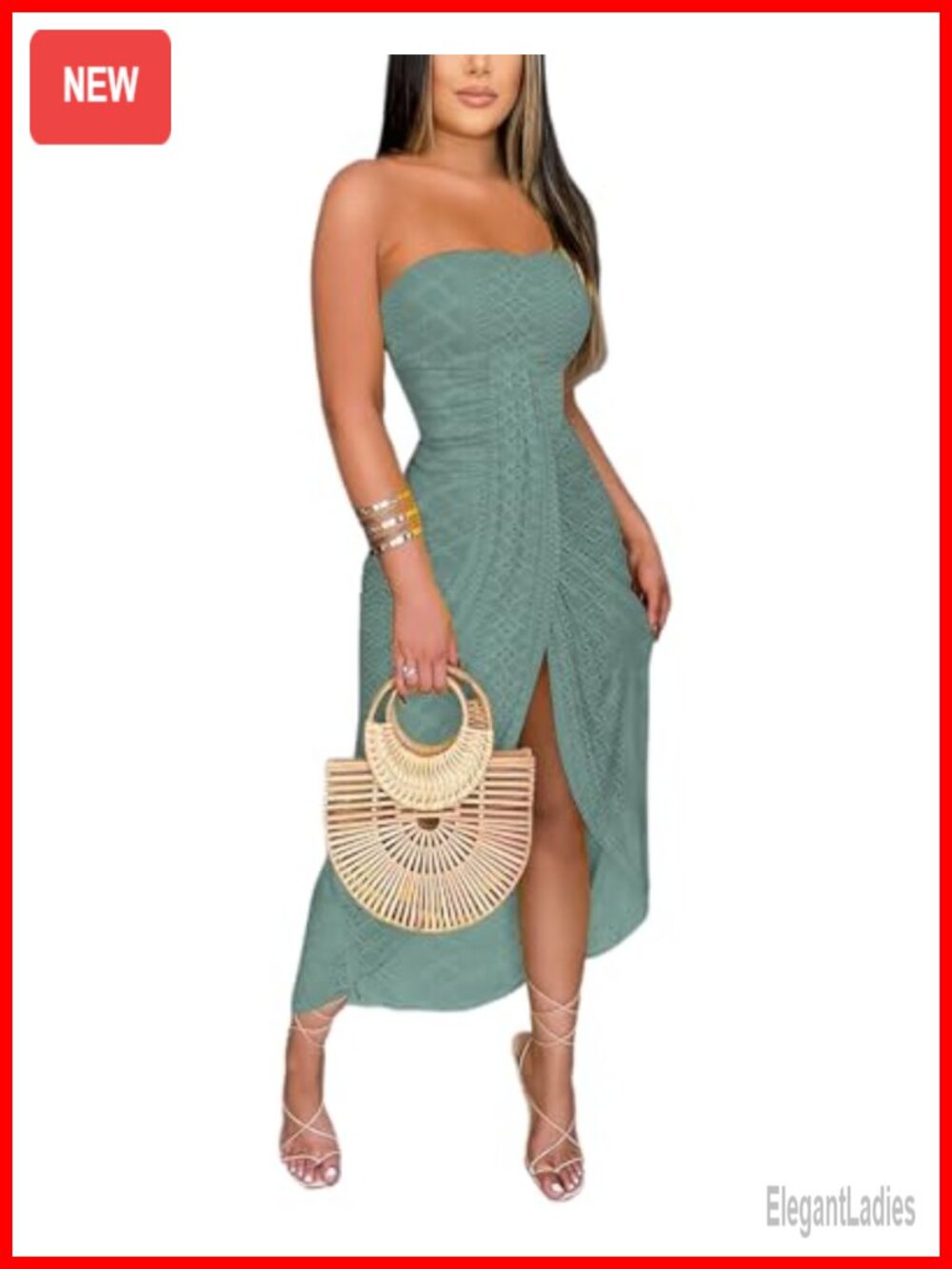 Strapless Bodycon Maxi Dress Asymmetrical Hem Eyelet Summer
